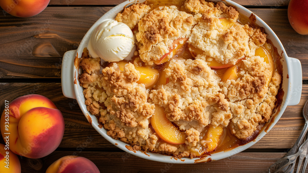 a freshly baked peach cobbler, with a golden, crumbly topping and juicy peach filling, served in a baking dish with scoops of vanilla ice cream melting on top a freshly baked peach cobbler, with a golden, crumbly topping and juicy peach filling, served in a baking dish with scoops of vanilla ice cream melting on top