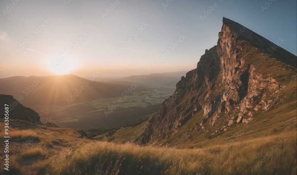 Fototapeta premium A rocky mountain peak juts out against a bright sunset sky, as seen from a grassy hillside below