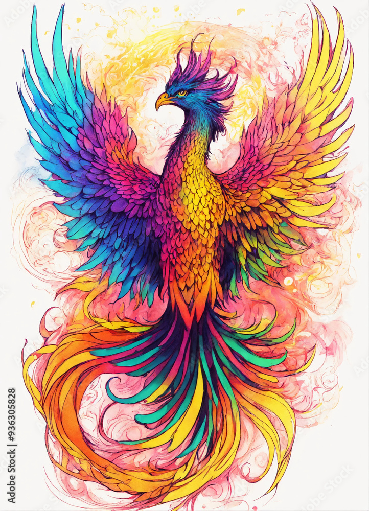 INK DRAWING MYSTICAL and magical phoenix in fluo colour blend NO BACKGROUND INK DRAWING MYSTICAL and magical phoenix in fluo colour blend NO BACKGROUND