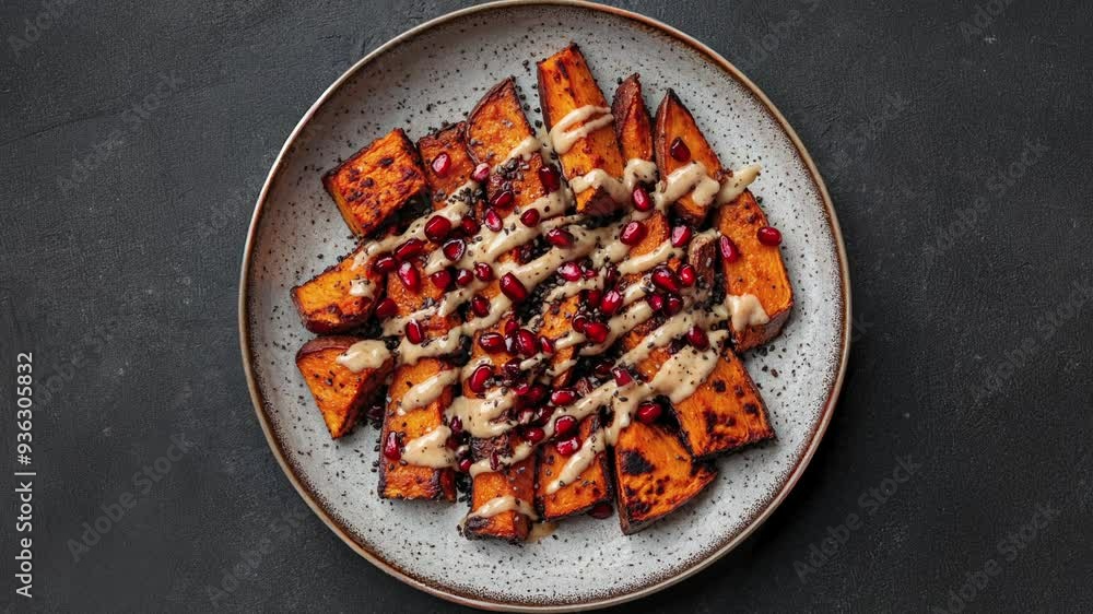 Plate of Roasted Sweet Potatoes with Tahini and Pomegranate Seeds Plate of Roasted Sweet Potatoes with Tahini and Pomegranate Seeds