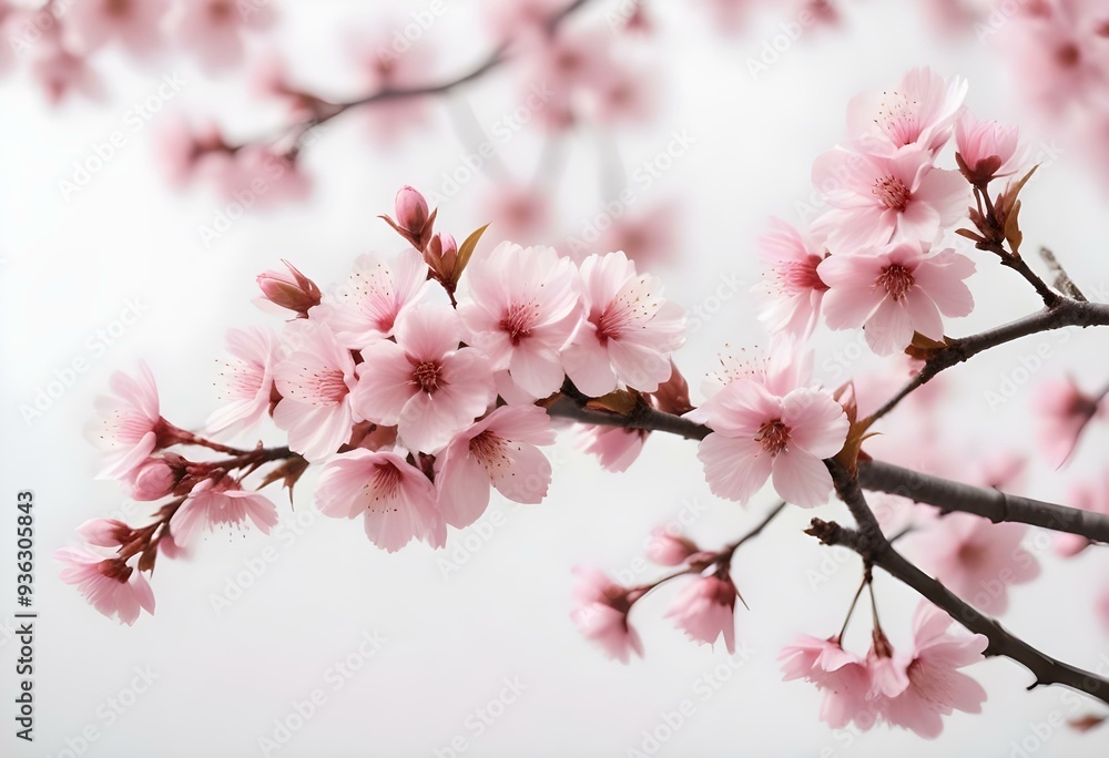 A pink cherry blossom tree and branches with delicate pink flowers blooming against a warm neutral white background A pink cherry blossom tree and branches with delicate pink flowers blooming against a warm neutral white background