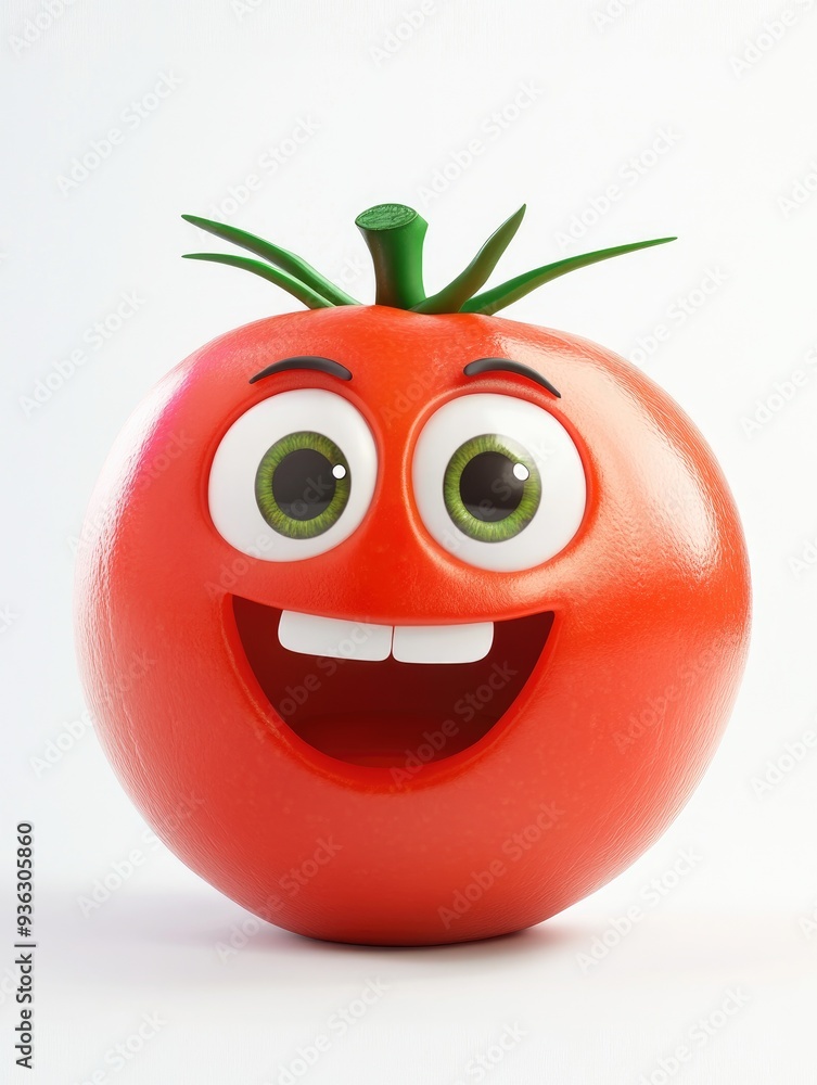 Obraz premium A 3D cartoon tomato with a big smile and big green eyes.