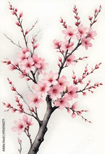 A pink cherry blossom tree and branches with delicate pink flowers blooming against a warm neutral white background