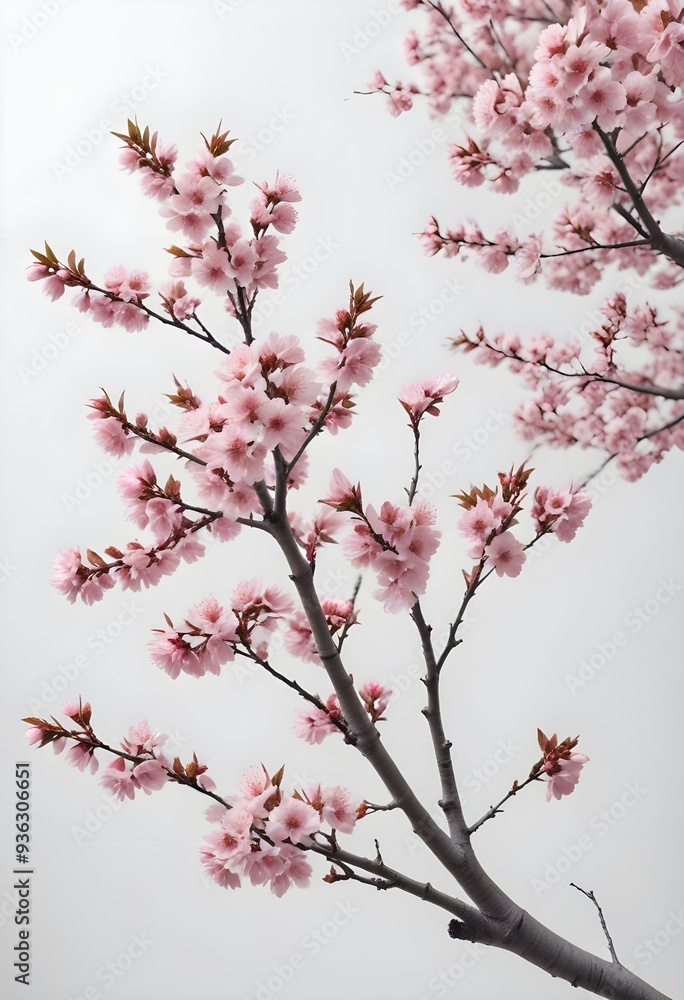 A pink cherry blossom tree and branches with delicate pink flowers blooming against a warm neutral white background A pink cherry blossom tree and branches with delicate pink flowers blooming against a warm neutral white background