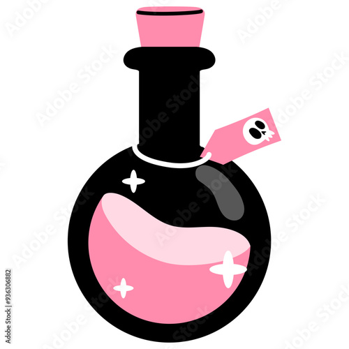 halloween pink potion in black bottle with skull tag illustration