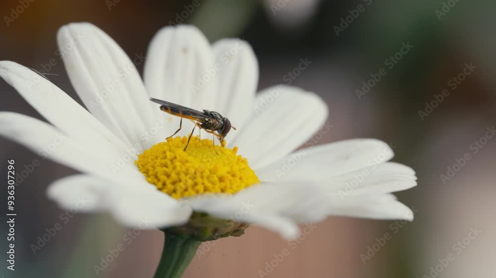 Hover fly feeding on eating pollen nectar from a white and yellow daisy. Hoovering fly family insect. flying over dandelion flower and collecting honey Hover fly feeding on eating pollen nectar from a white and yellow daisy. Hoovering fly family insect. flying over dandelion flower and collecting honey