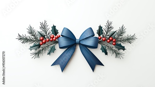 Elegant decoration featuring blue bow, holly leaves, and red berries, perfect for holiday celebrations and festive designs.