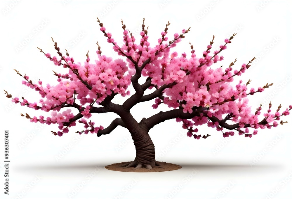 Obraz premium A pink cherry blossom tree and branches with delicate pink flowers blooming against a warm neutral white background