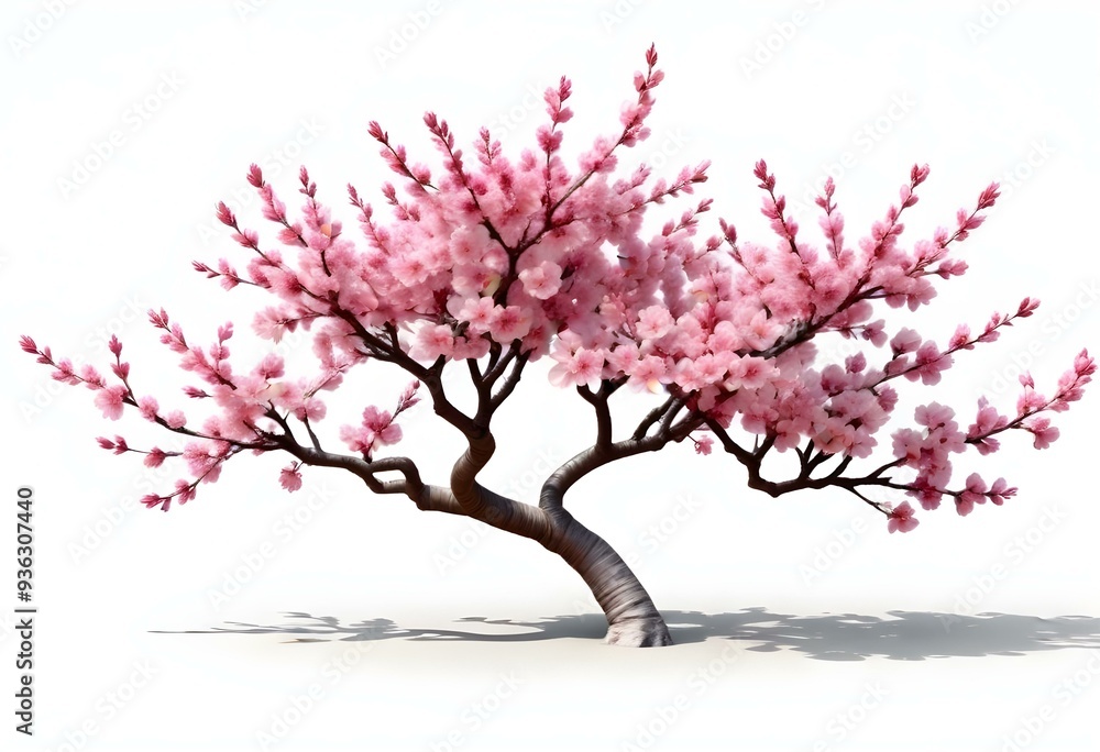 A pink cherry blossom tree and branches with delicate pink flowers blooming against a warm neutral white background A pink cherry blossom tree and branches with delicate pink flowers blooming against a warm neutral white background