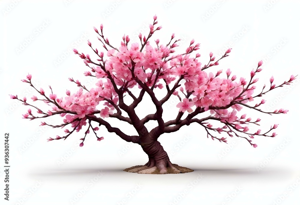 Obraz premium A pink cherry blossom tree and branches with delicate pink flowers blooming against a warm neutral white background