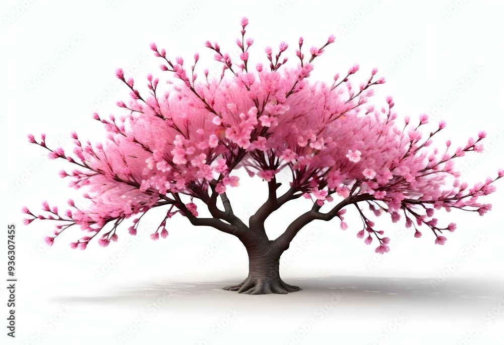 A pink cherry blossom tree and branches with delicate pink flowers blooming against a warm neutral white background A pink cherry blossom tree and branches with delicate pink flowers blooming against a warm neutral white background