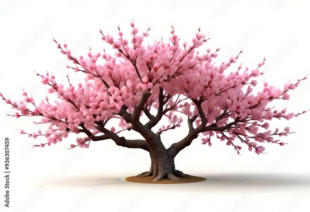 A pink cherry blossom tree and branches with delicate pink flowers blooming against a warm neutral white background A pink cherry blossom tree and branches with delicate pink flowers blooming against a warm neutral white background