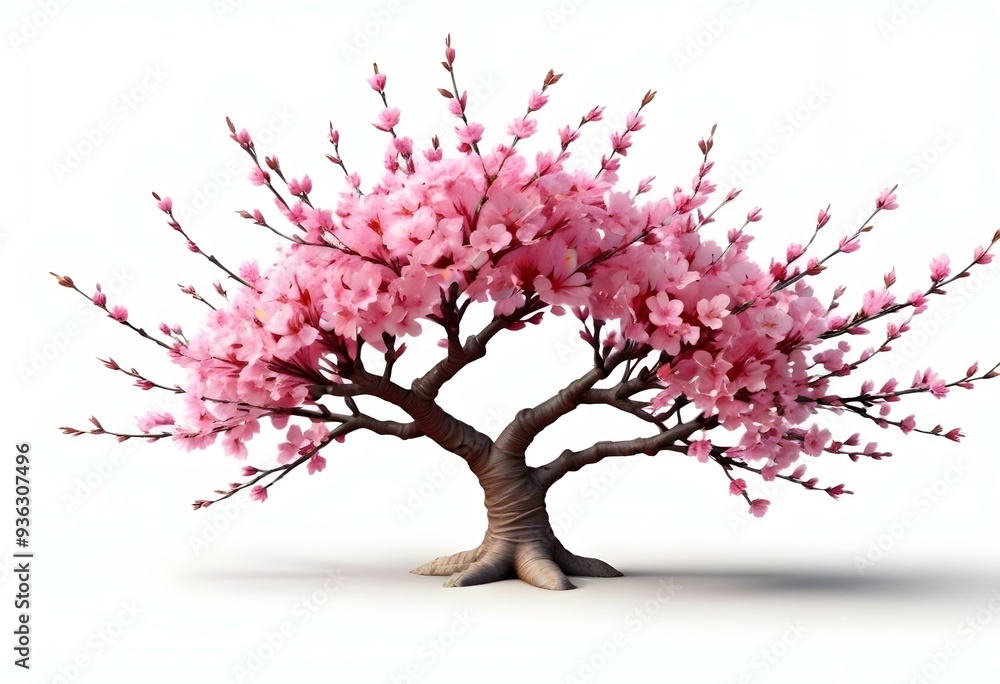 Fototapeta premium A pink cherry blossom tree and branches with delicate pink flowers blooming against a warm neutral white background