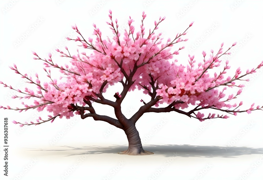 Obraz premium A pink cherry blossom tree and branches with delicate pink flowers blooming against a warm neutral white background