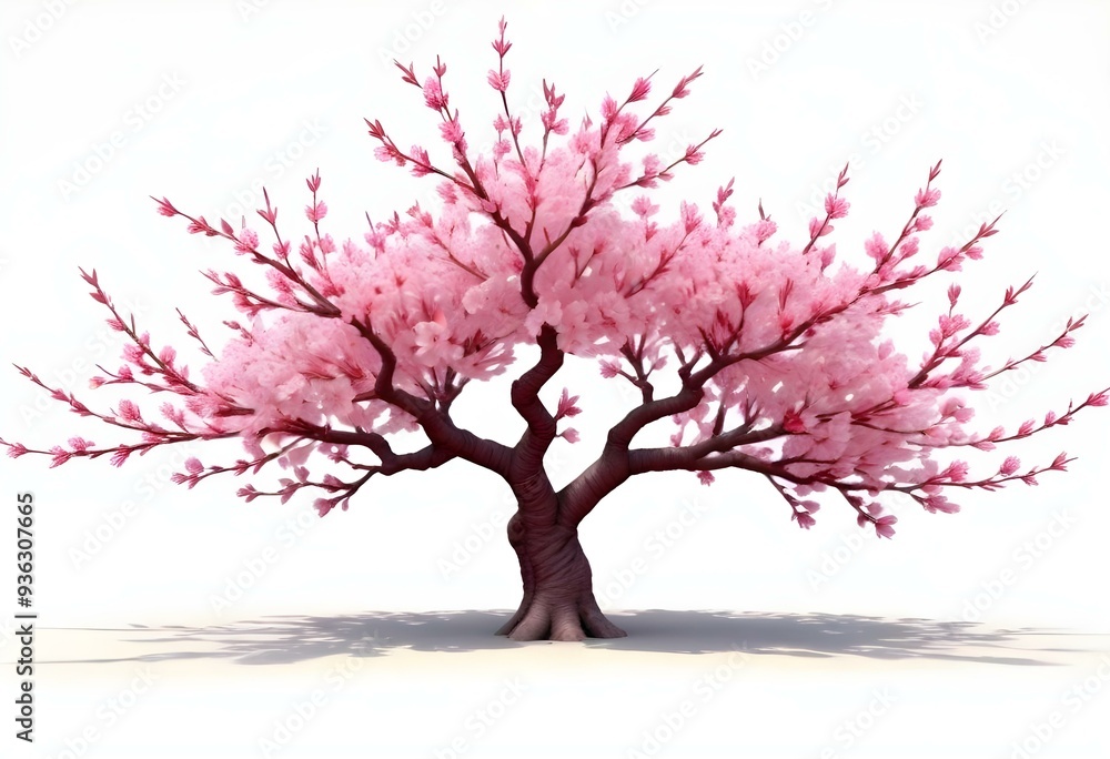A pink cherry blossom tree and branches with delicate pink flowers blooming against a warm neutral white background A pink cherry blossom tree and branches with delicate pink flowers blooming against a warm neutral white background