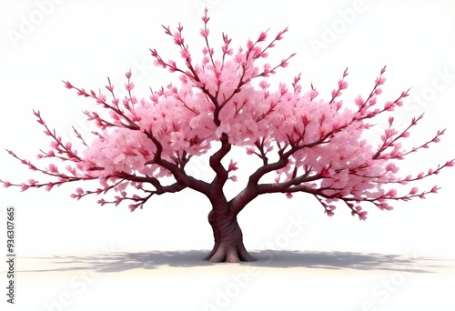 A pink cherry blossom tree and branches with delicate pink flowers blooming against a warm neutral white background