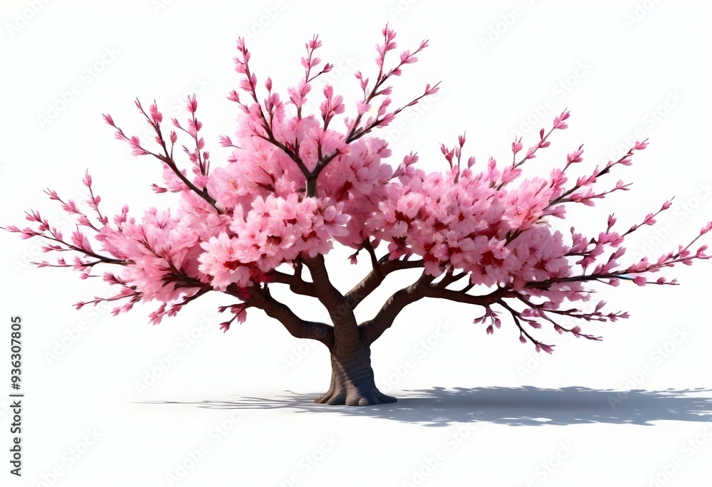 Obraz premium A pink cherry blossom tree and branches with delicate pink flowers blooming against a warm neutral white background