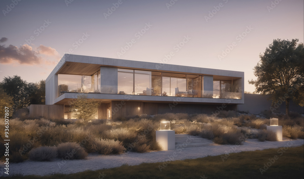 A modern house with large windows sits on a hill with a view of the sunset A modern house with large windows sits on a hill with a view of the sunset
