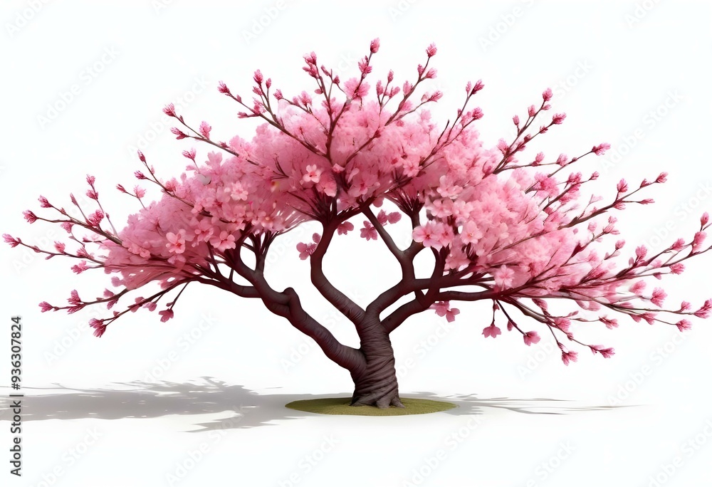 Obraz premium A pink cherry blossom tree and branches with delicate pink flowers blooming against a warm neutral white background
