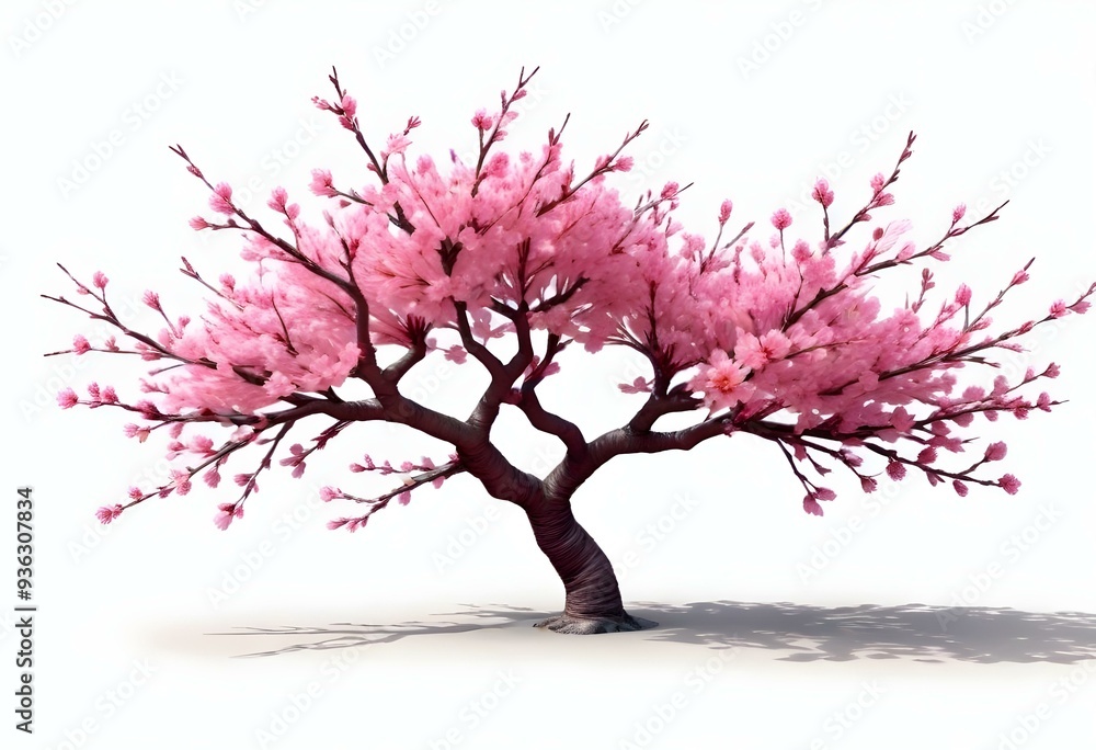 Obraz premium A pink cherry blossom tree and branches with delicate pink flowers blooming against a warm neutral white background