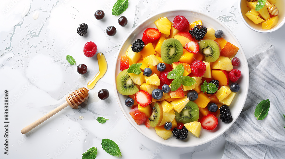 a vibrant fruit salad, featuring kiwi, mango, pineapple, and berries, arranged in a decorative bowl on a white marble countertop, with a honey dipper and mint sprigs a vibrant fruit salad, featuring kiwi, mango, pineapple, and berries, arranged in a decorative bowl on a white marble countertop, with a honey dipper and mint sprigs