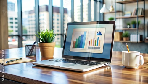 Wallpaper Mural A modern laptop computer screen displays a brochure download progress bar, surrounded by office supplies and papers, on a tidy desk with a blurred background. Torontodigital.ca