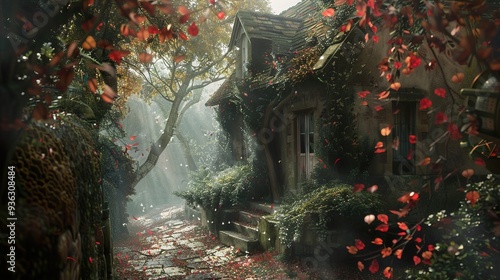 Stone Cottage in a Misty Forest - Autumn Leaves Falling