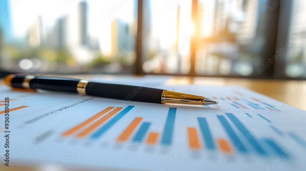 Detailed business report with analytical charts graphs and data visualizations arranged neatly on a clean office desk Detailed business report with analytical charts graphs and data visualizations arranged neatly on a clean office desk