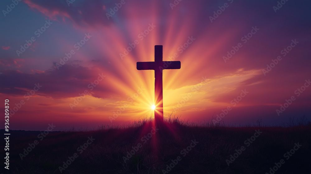 A cross is lit up by the sun in a field A cross is lit up by the sun in a field