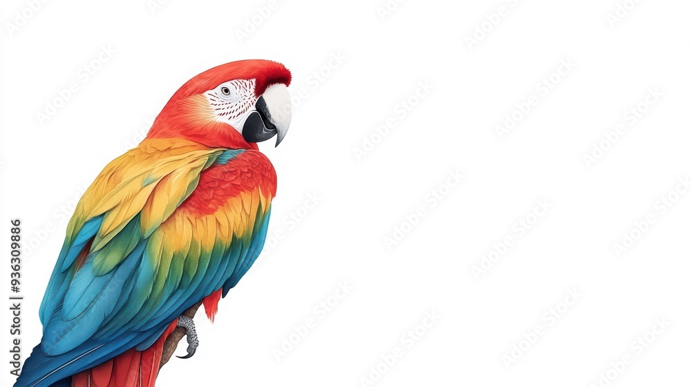Fototapeta premium A vibrant macaw with striking red, yellow, and blue feathers perched gracefully, showcasing its beauty and exotic charm.
