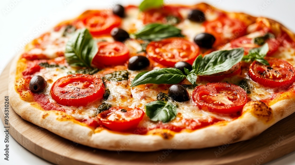 A vibrant vegan pizza topped with fresh tomatoes and olives, isolated on a crisp white background A vibrant vegan pizza topped with fresh tomatoes and olives, isolated on a crisp white background