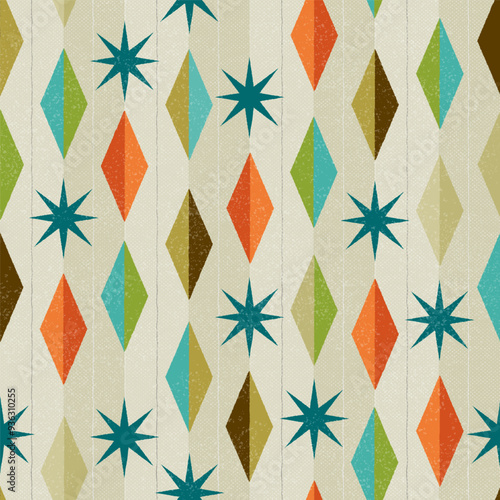 Seamless retro pattern with mid-century modern style, Grunge atomic age geometric diamonds and stars. Retro 1950s background