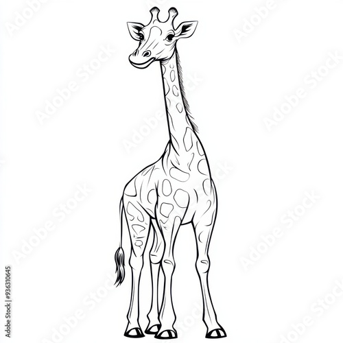 Outline illustration of a black and white giraffe for drawing and coloring on white background photo