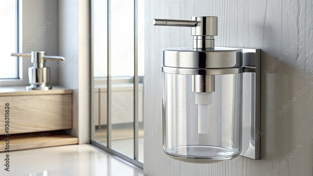 A modern, sleek soap dispenser with a stainless steel body and transparent refillable container, mounted on a wall in a clean, minimalist bathroom setting. A modern, sleek soap dispenser with a stainless steel body and transparent refillable container, mounted on a wall in a clean, minimalist bathroom setting.