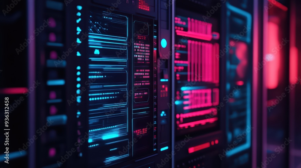 Dynamic server rack illuminated with colorful LED lights, showcasing modern technology and data processing capabilities. Dynamic server rack illuminated with colorful LED lights, showcasing modern technology and data processing capabilities.