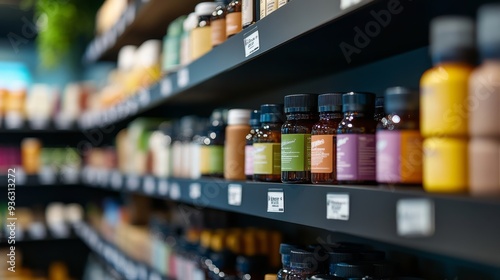 Close-up of a beautifully organized shelf filled with various health supplements in a modern store.