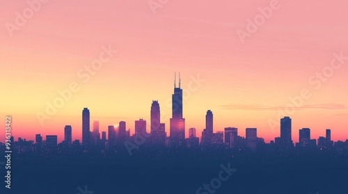 A minimalist cityscape silhouette at dusk, with the skyline reduced to simple, clean lines and soft, fading colors blending into the sky.