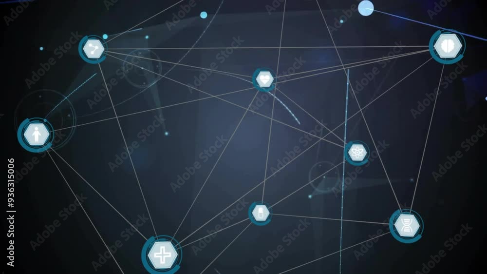 Network of connections and data processing animation over dark background with icons Network of connections and data processing animation over dark background with icons