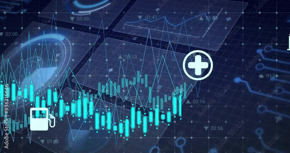 Financial data and medical cross animation over fluctuating stock market graph Financial data and medical cross animation over fluctuating stock market graph