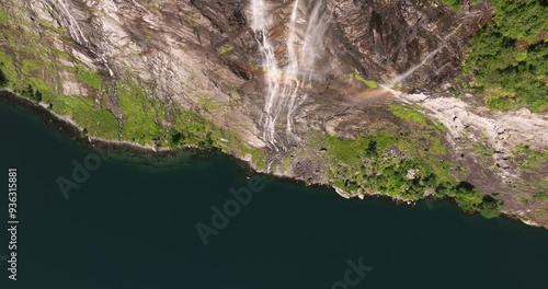 Amazing Top Down Drone View Above The Seven Sisters Waterfall. Geiranger, Norway. Scenic Fjord photo