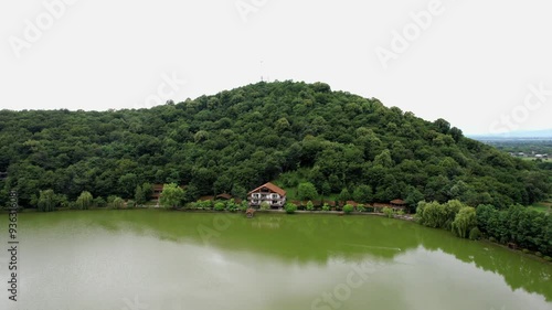 A drone captures the scenic view of Lopota Pier at Lopota Lake in Napareuli, Georgia photo