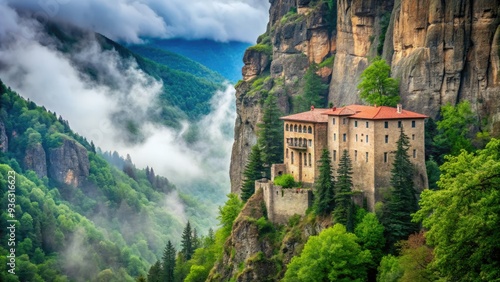 Ancient Greek Orthodox monastery clinging to a steep cliff in AltÄ±ndere Valley, Trabzon, Turkey, surrounded by lush green forests and misty atmosphere. photo