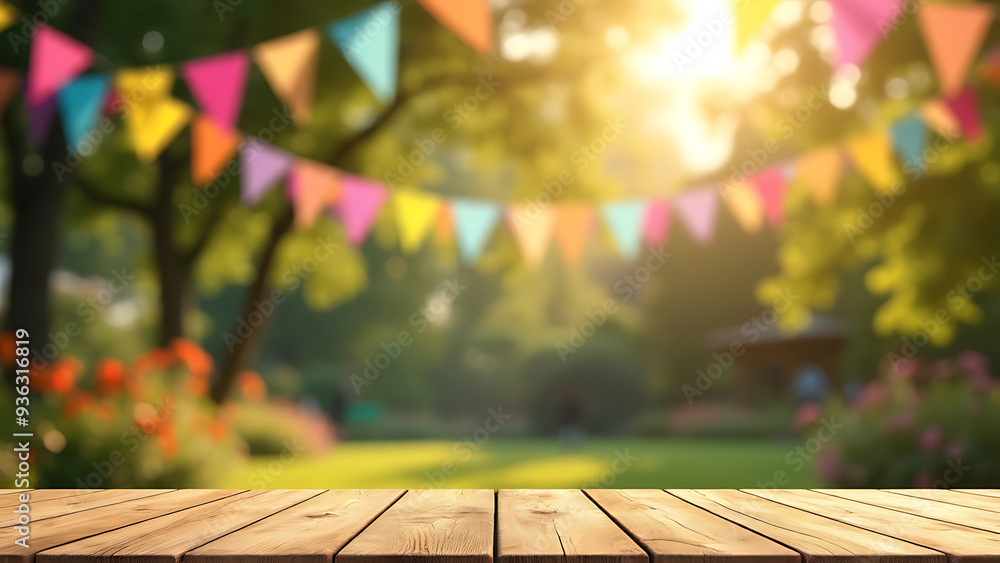 Festive outdoor scene with colorful bunting strung between trees, perfect for summer events, picnics, or party promotions. Wooden table in foreground provides display space.