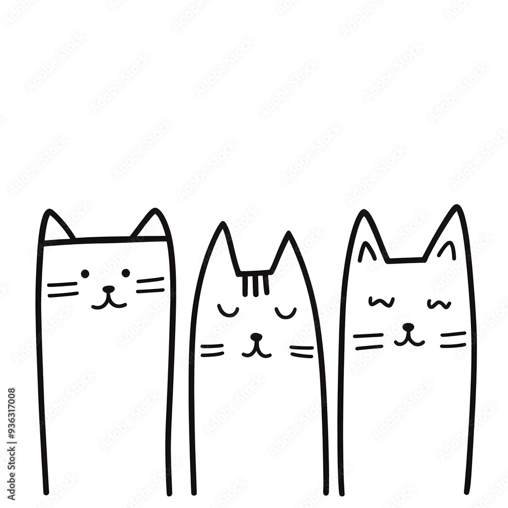 Minimalistic line drawing of adorable cartoon cats and kittens, using bold black lines against a white background. Minimalistic line drawing of adorable cartoon cats and kittens, using bold black lines against a white background.