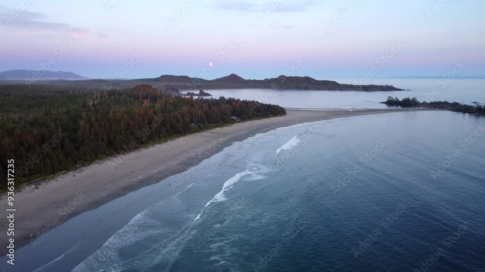 Picturesque Sunset On Tofino Coast On Vancouver Island, BC, Canada. drone shot Picturesque Sunset On Tofino Coast On Vancouver Island, BC, Canada. drone shot
