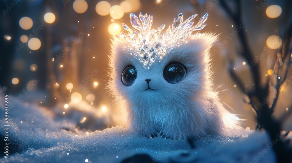An adorable creature with a full body and large, expressive eyes, featuring soft, fluffy fur and intricate crystal markings. Its captivating face shines against a bokeh-enhanced winter forest backdrop An adorable creature with a full body and large, expressive eyes, featuring soft, fluffy fur and intricate crystal markings. Its captivating face shines against a bokeh-enhanced winter forest backdrop