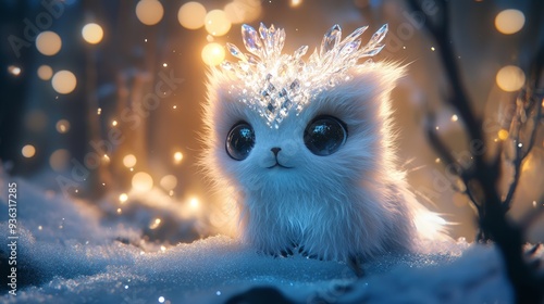 An adorable creature with a full body and large, expressive eyes, featuring soft, fluffy fur and intricate crystal markings. Its captivating face shines against a bokeh-enhanced winter forest backdrop