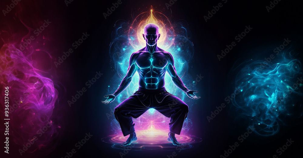 blue , red and yellow Super power like aura around the body of Yoga poses man blue , red and yellow Super power like aura around the body of Yoga poses man