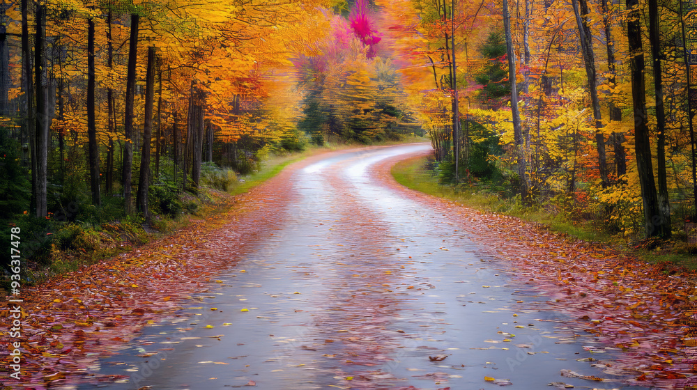 Obraz premium An autumn road covered in fallen leaves, winding through a colorful forest. 