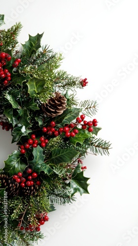 Holiday Cheer: Vibrant Festive Wreath with Holly, Ivy, Mistletoe, Cedar, and Berries on White Background